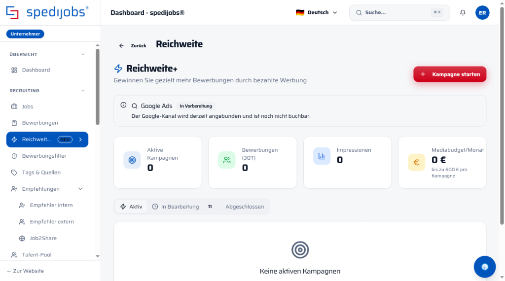 Reichweite+ mit Kampagne starten und Google Ads in Vorbereitung