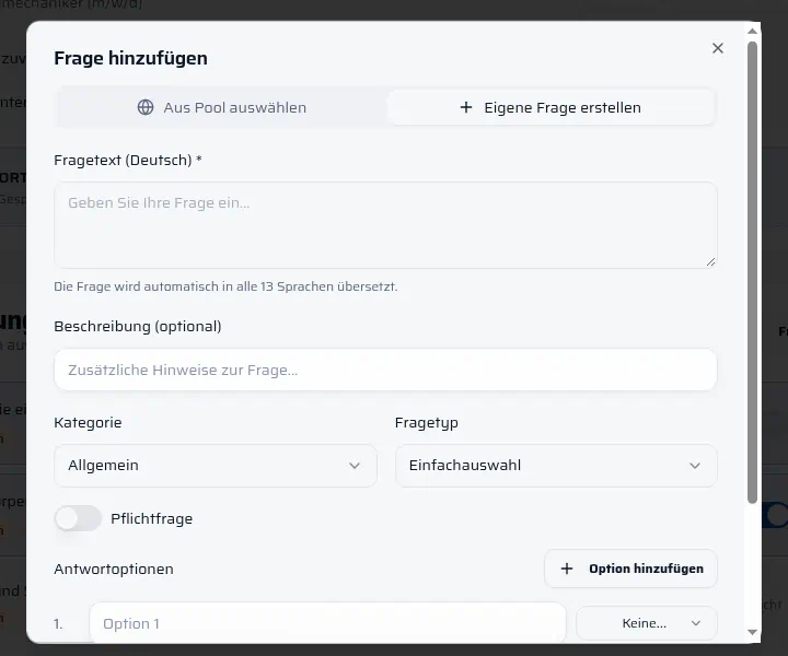 Dialog Frage hinzufügen mit eigener Frage und Pflichtfrage